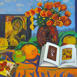 Moesey Li: 'Still life with an icon ', 1999 Oil Painting, Religious. Artist Description: realism, still life, icon, book, flowers...